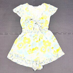 Yellow & Blue Floral Romper With Tie-Front Detail Cap Sleeves & Ruffle Hem Women